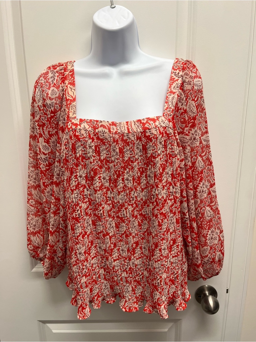 Dear John Red Floral Pleated Yoryu Blouse Medium Square Neck Long Sleeve Boho